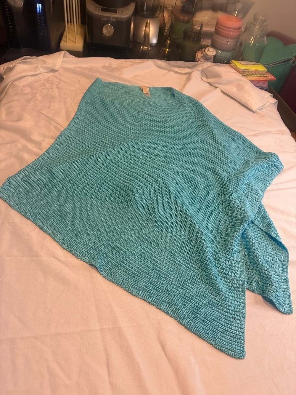 Chico's Poncho One Size Aqua Blue Linen Rayon Knit Asymmetrical Shawl